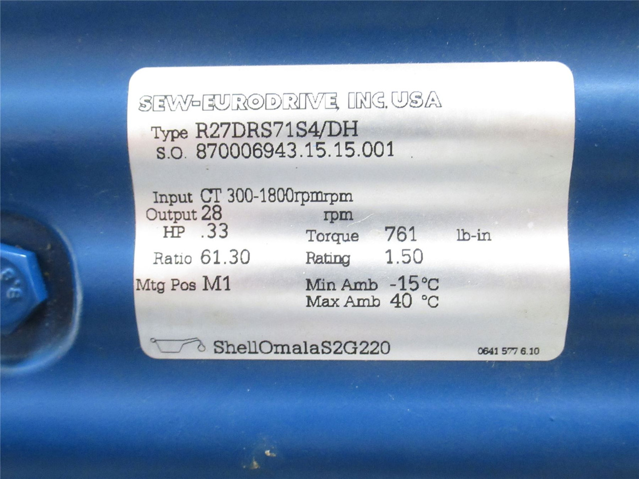 SEW R27DRS71S4/DH; Gearmotor 7.63:1 Ratio 170/223RPM; 230/460V