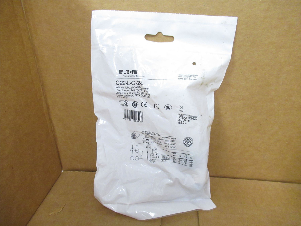 Eaton C22-L-G-24; Switch Pushbutton Green Indicator 24 VAC/dc