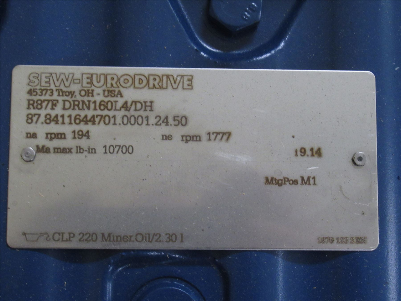 SEW R87FDRN160L4/DH; AC Gearmotor; 9:14 Ratio; 20HP; 208/360V