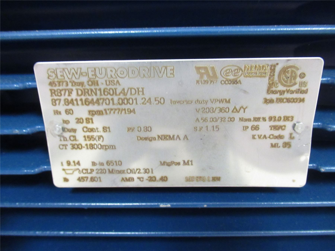 SEW R87FDRN160L4/DH; AC Gearmotor; 9:14 Ratio; 20HP; 208/360V