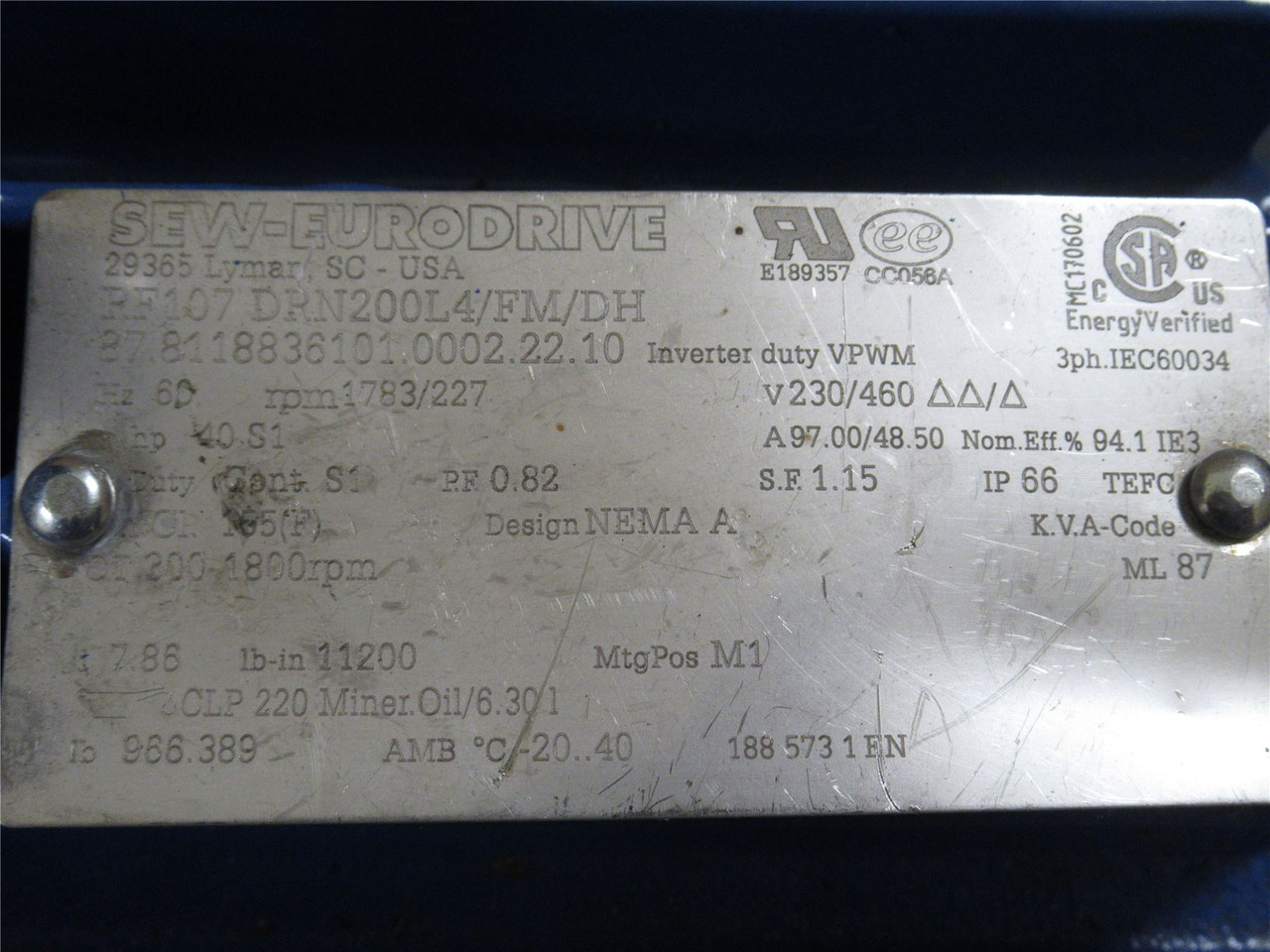 SEW RF107DRN200L4FMDH; AC Gear Motor; 7.86:1 Ratio; 40HP; 230/460V