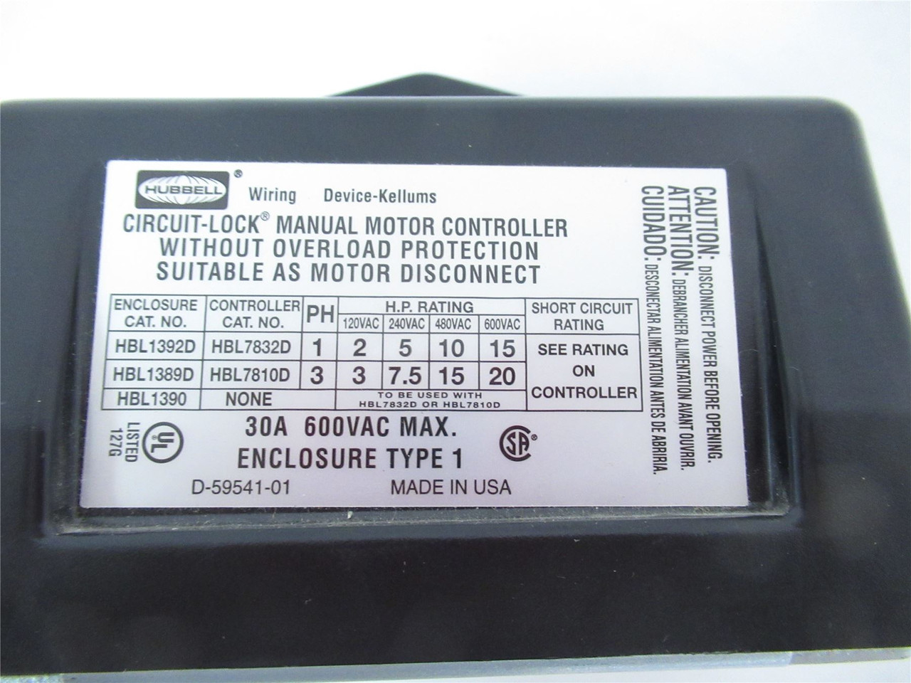 Hubbell 1389; Motor Disconnect Switch 30A 600V 3 Pole NEMA1