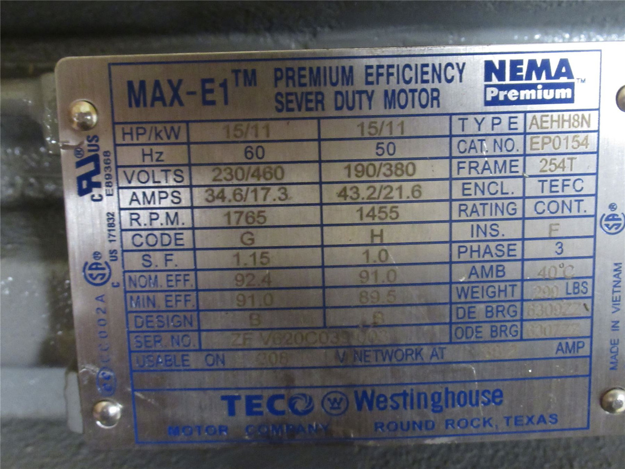 Westinghouse EP0154; AC Motor EHH8N 15HP 230/460VAC 1765RPM