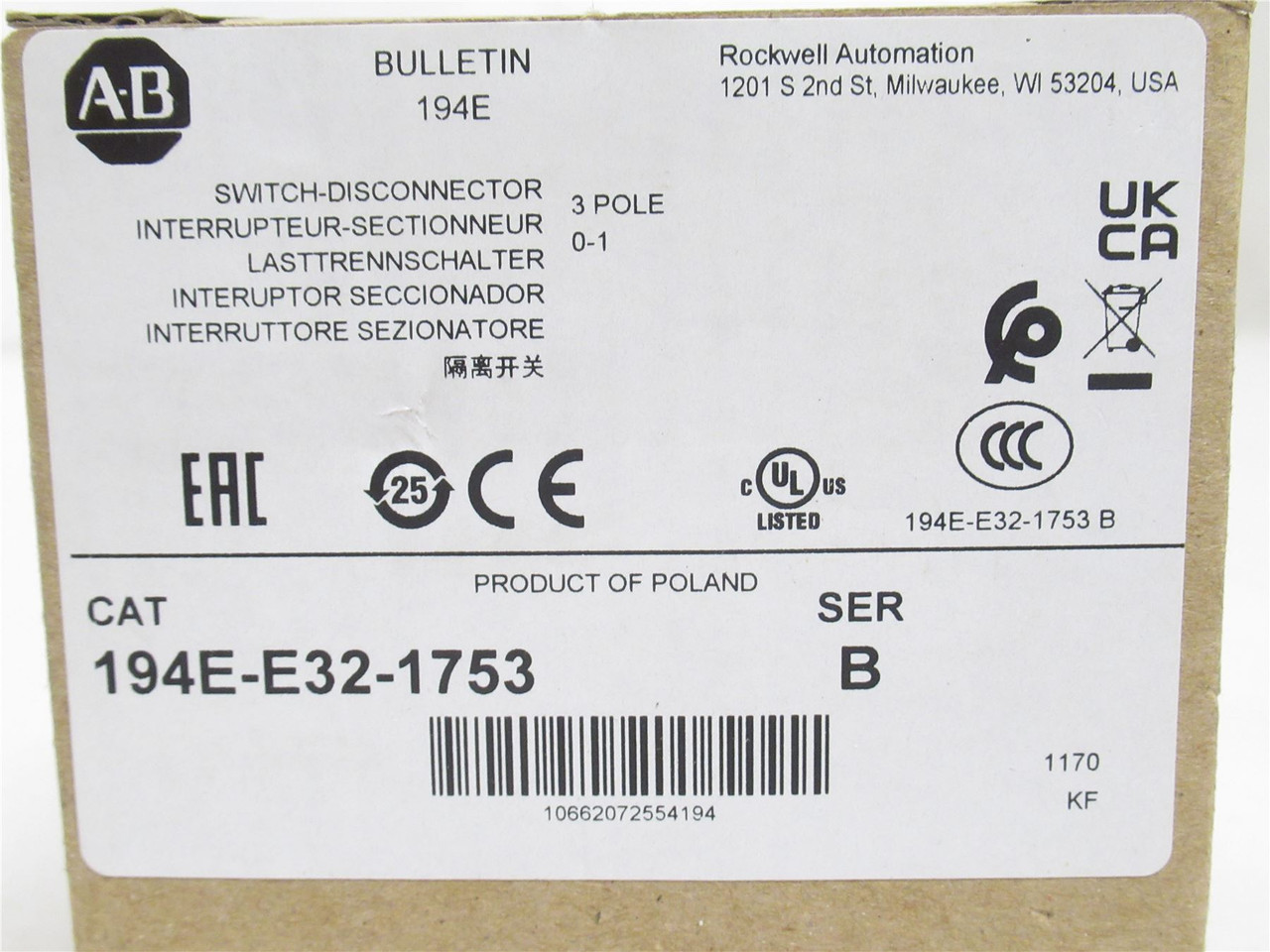 Allen-Bradley 194E-E32-1753; IEC Load Switch; 32A; 600VAC; 3P