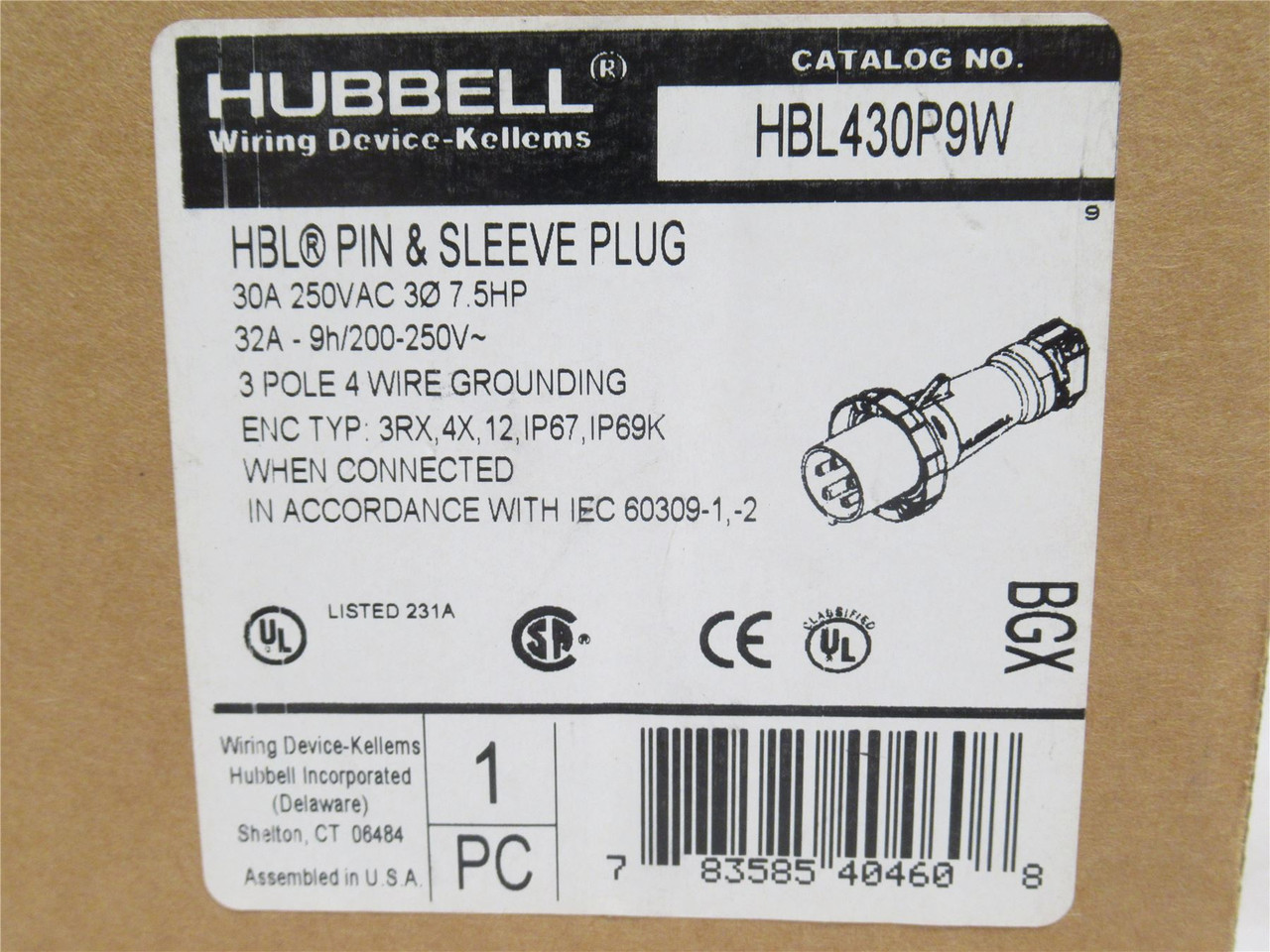 Hubbell HBL430P9W; Pin and Sleeve Plug 30A;125/250VAC
