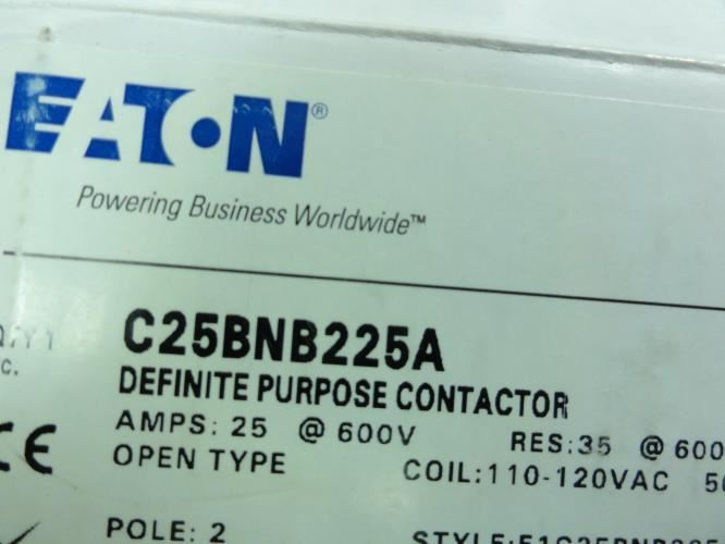 Eaton C25BNB225A; Contactor 25A; 600V; 2P; Coil: 120VAC