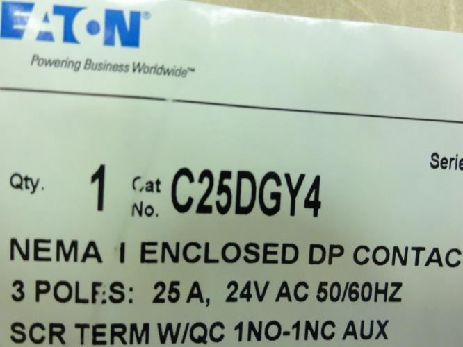 Eaton C25DGY4; Contactor 25A; 600V; 3P; Coil: 24VAC