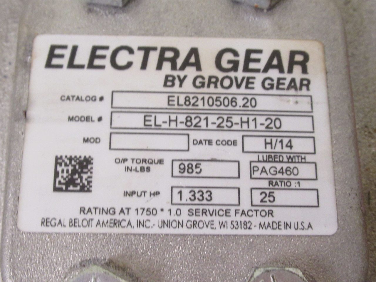 Grove Gear EL8210506.20; Gearbox; 25:1; 1.333 Input HP