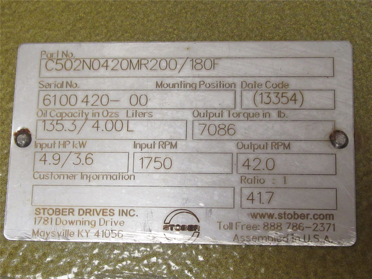 Stober C502N0420MR200/180F; Gearbox;41.7:1; 1750RPM