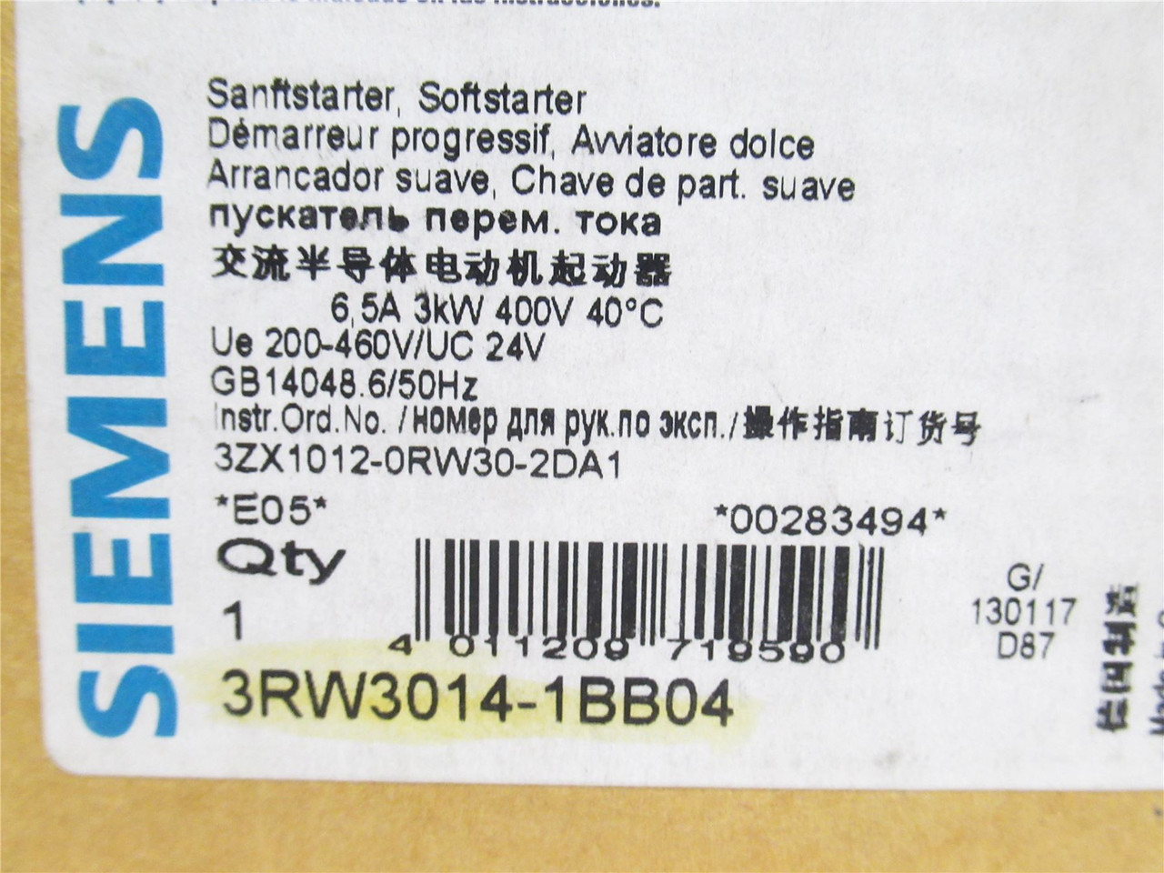 Siemens 3RW3014-1BB04; Soft Starter; 25A; 480VAC; Coil: 24VAC