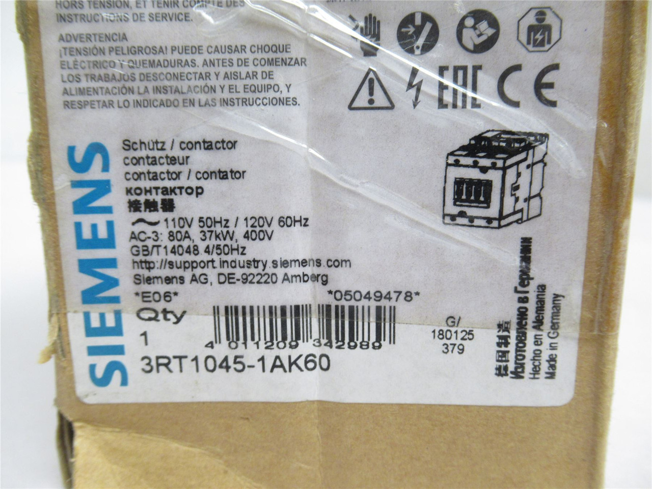 Siemens 3RT1045-1AK60; Contactor 80A 3P 600V Coil: 110/120VAC