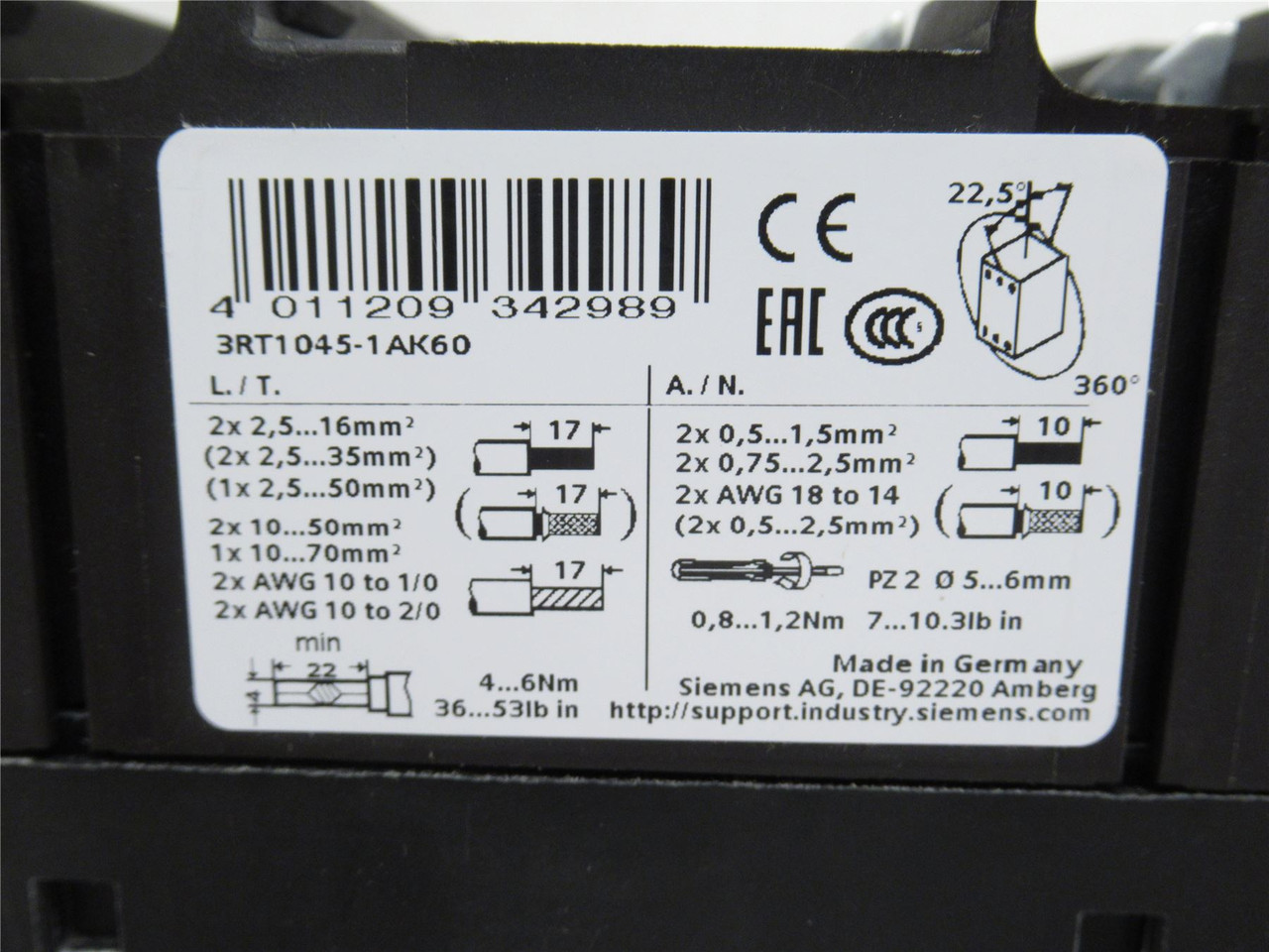 Siemens 3RT1045-1AK60; Contactor 80A 3P 600V Coil: 110/120VAC
