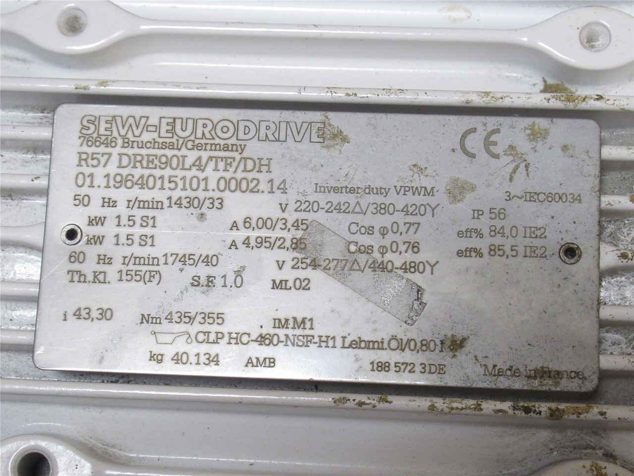 SEW R57DRE90L4/TF/DH; AC Gear Motor; 43.3:1 Ratio; 1.5kW; 420V