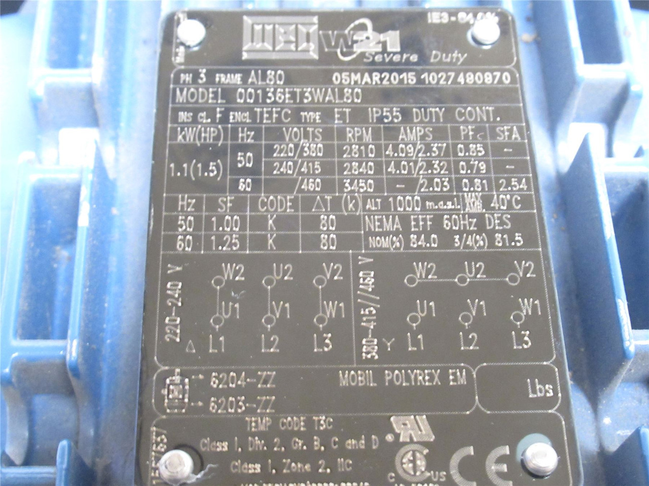 WEG 00136ET3WAL80; AC Motor; 1-1/2HP;  460//220-240/380-415V