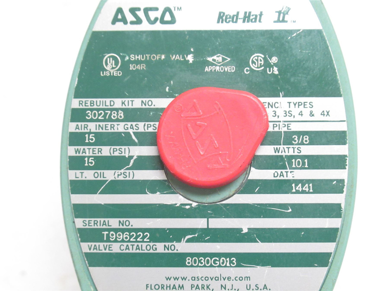 Asco 8030G013; Brass Solenoid Valve; 3/8NPT; 15PSI 110/120VAC