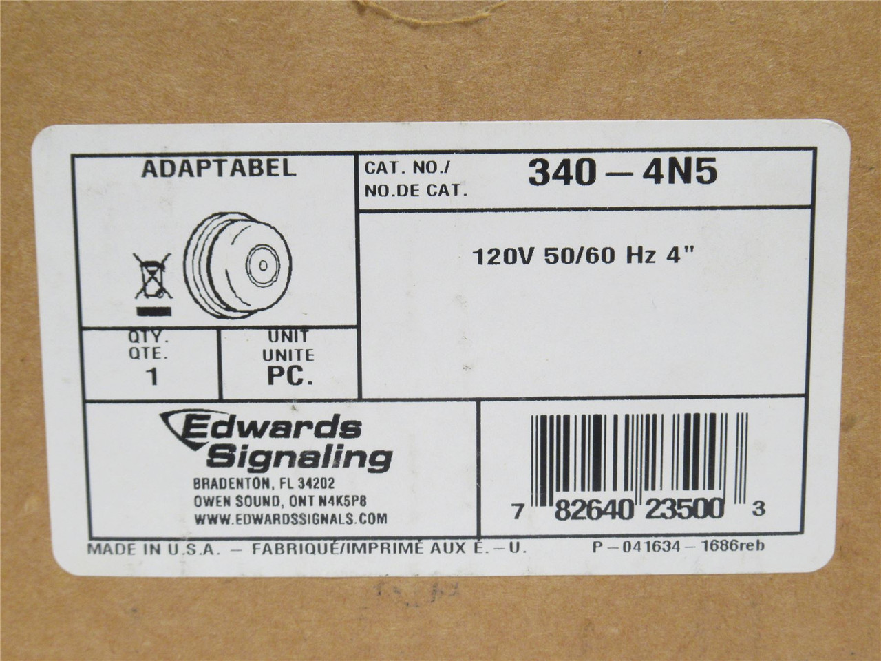 Edwards 340-4N5; Alarm Bell; 120VAC; 0.062A; Size: 4"; 88dB