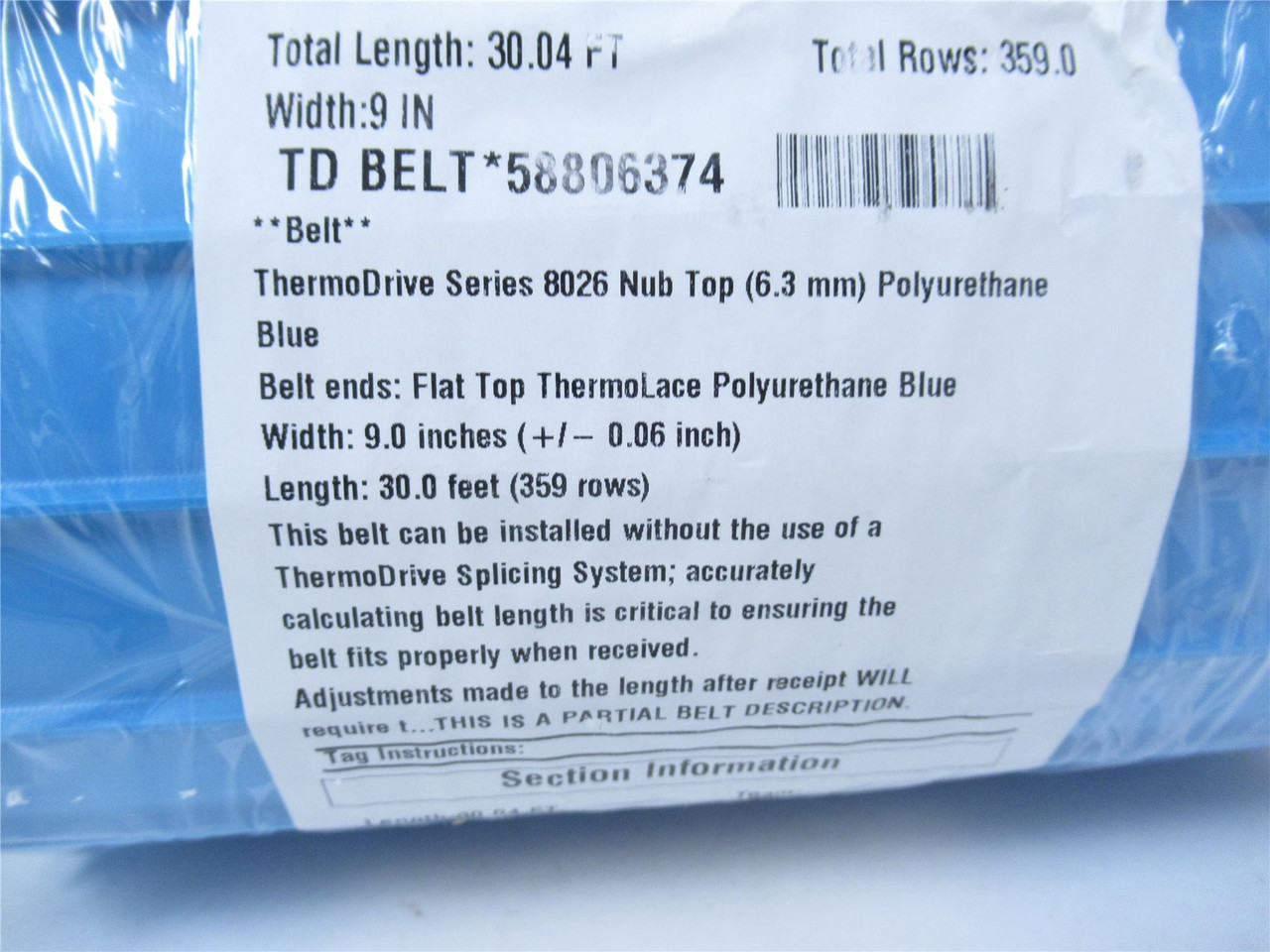 Intralox 8026-58806374; Belt Thermodrive 9" W x 30.04ft