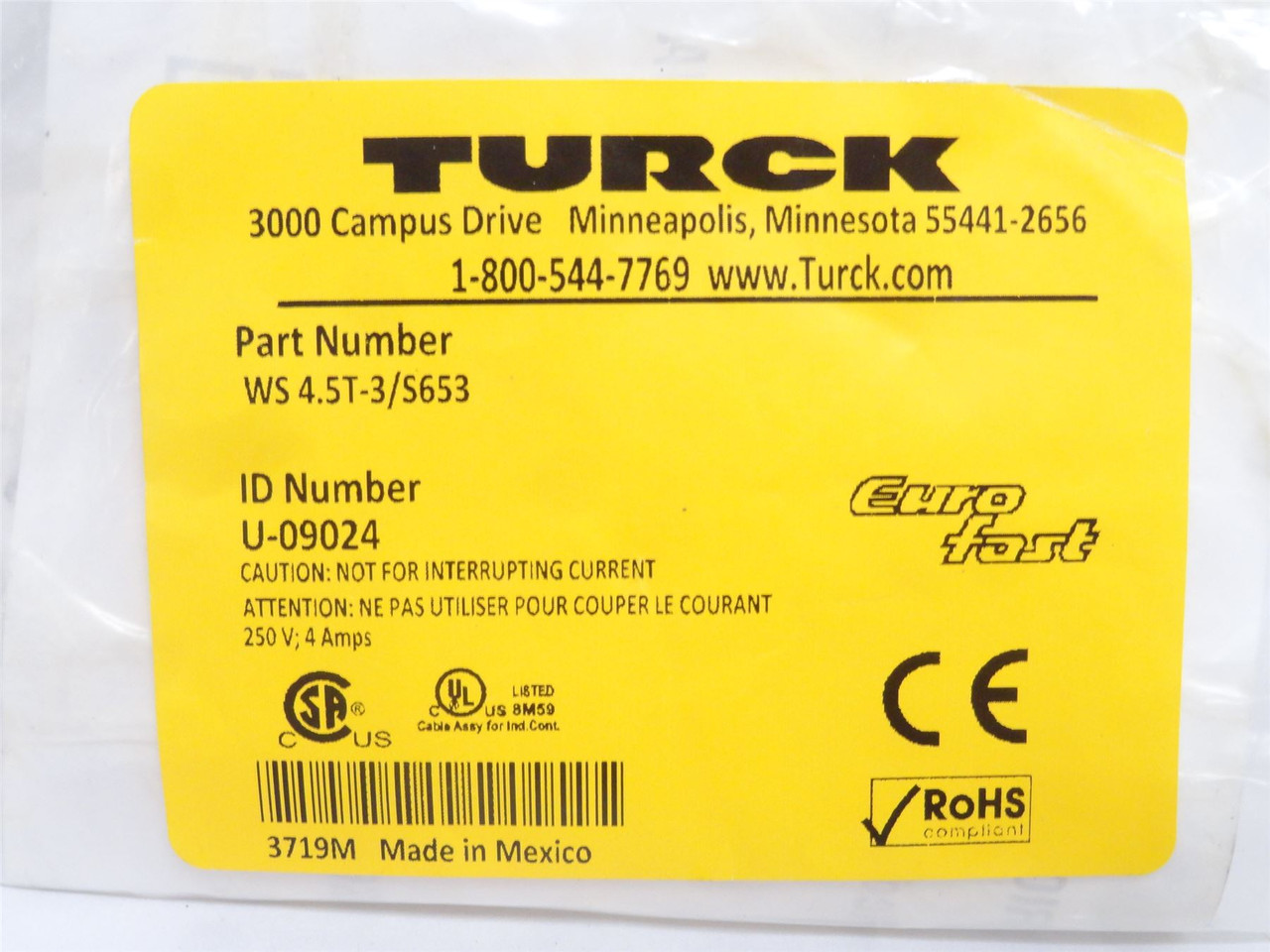 Turck WS 4.5T-3/5653; Single-Ended Mating Cable U-09024; 250V
