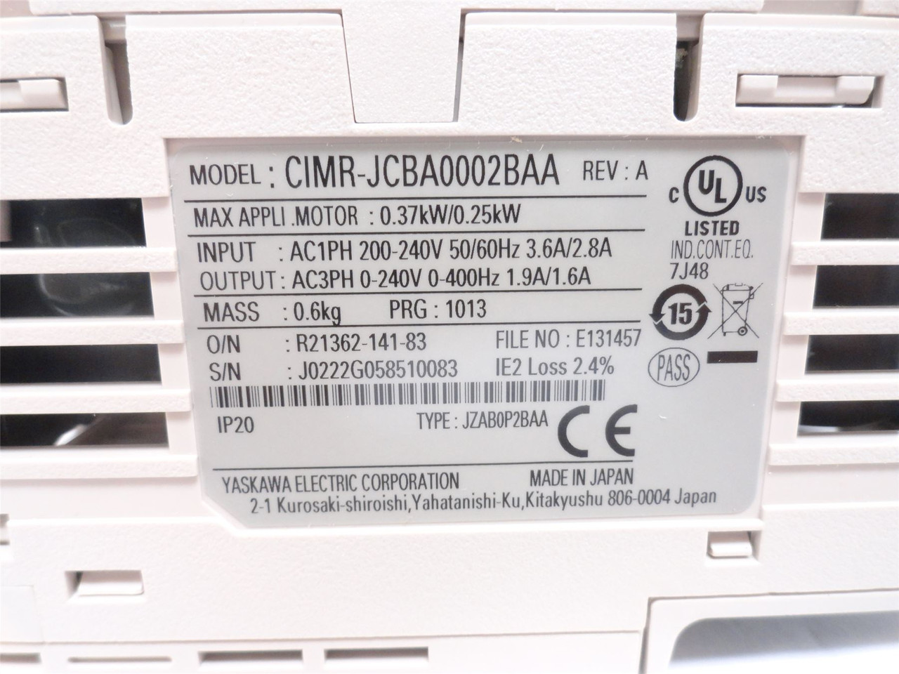 Yaskawa CIMR-JCBA0002BAA; AC Drive .35kw 1ph-IN 3ph-OUT 240V