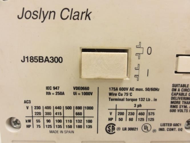 Josyln Clark J185BA300; Contactor 175A 3PH 600V Max; Coil: 110V