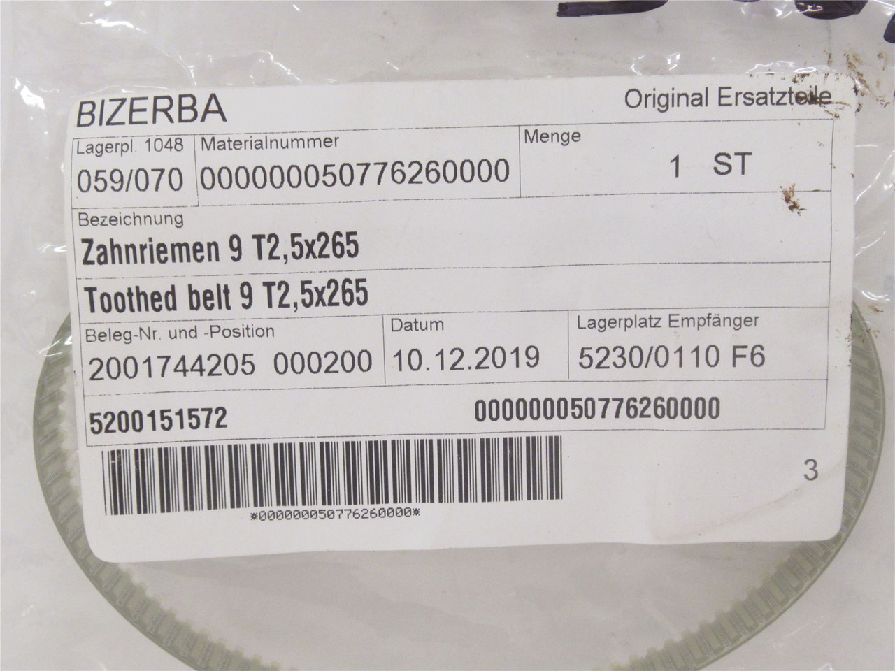 Bizerba 50776260000; Toothed Belt 9 TF2; 5X265