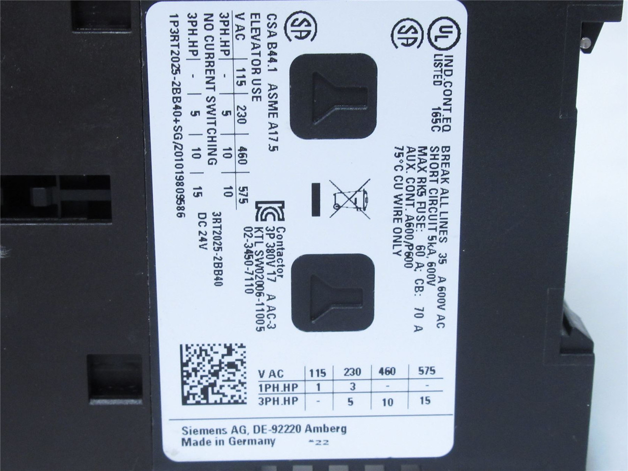 Siemens 3RT2025-2BB40; Contactor 16A 3P Coil 24VDC