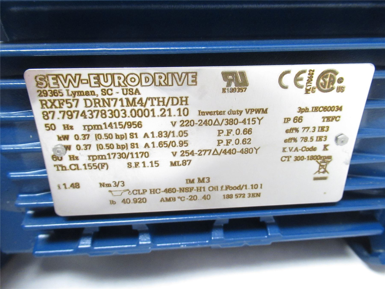 SEW RXF57DRN71M4/TH/DH; AC Gear motor; 1.48:1 Ratio; 1/2HP