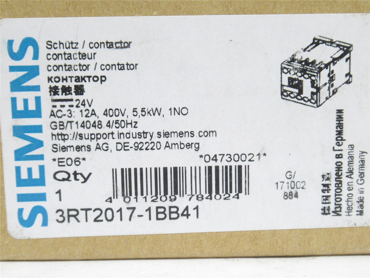 Siemens 3RT2017-1BB41; Contactor 3P; 12A; 400VAC; Coil: 24VDC