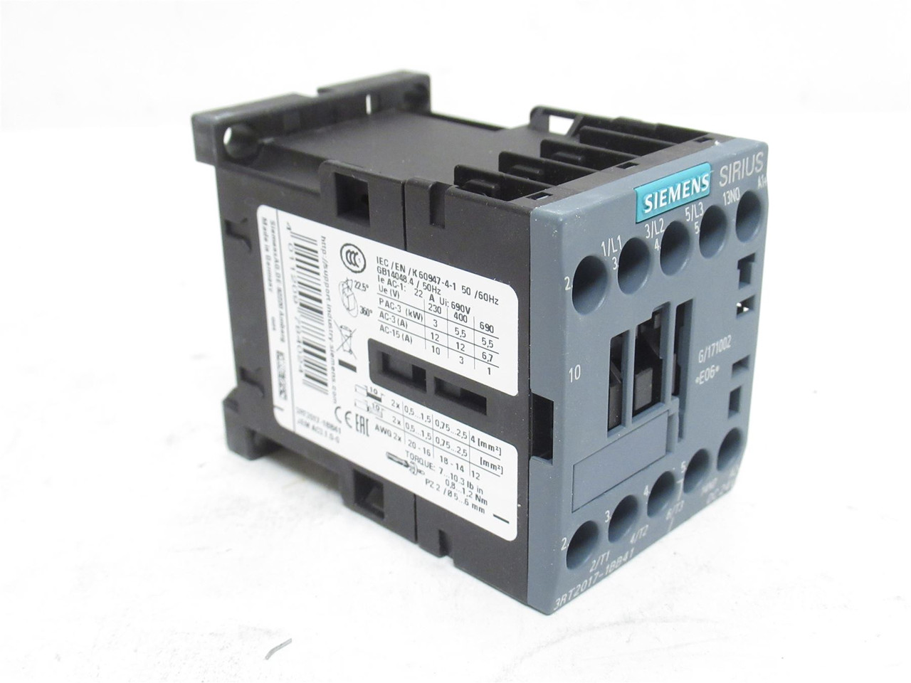 Siemens 3RT2017-1BB41; Contactor 3P; 12A; 400VAC; Coil: 24VDC
