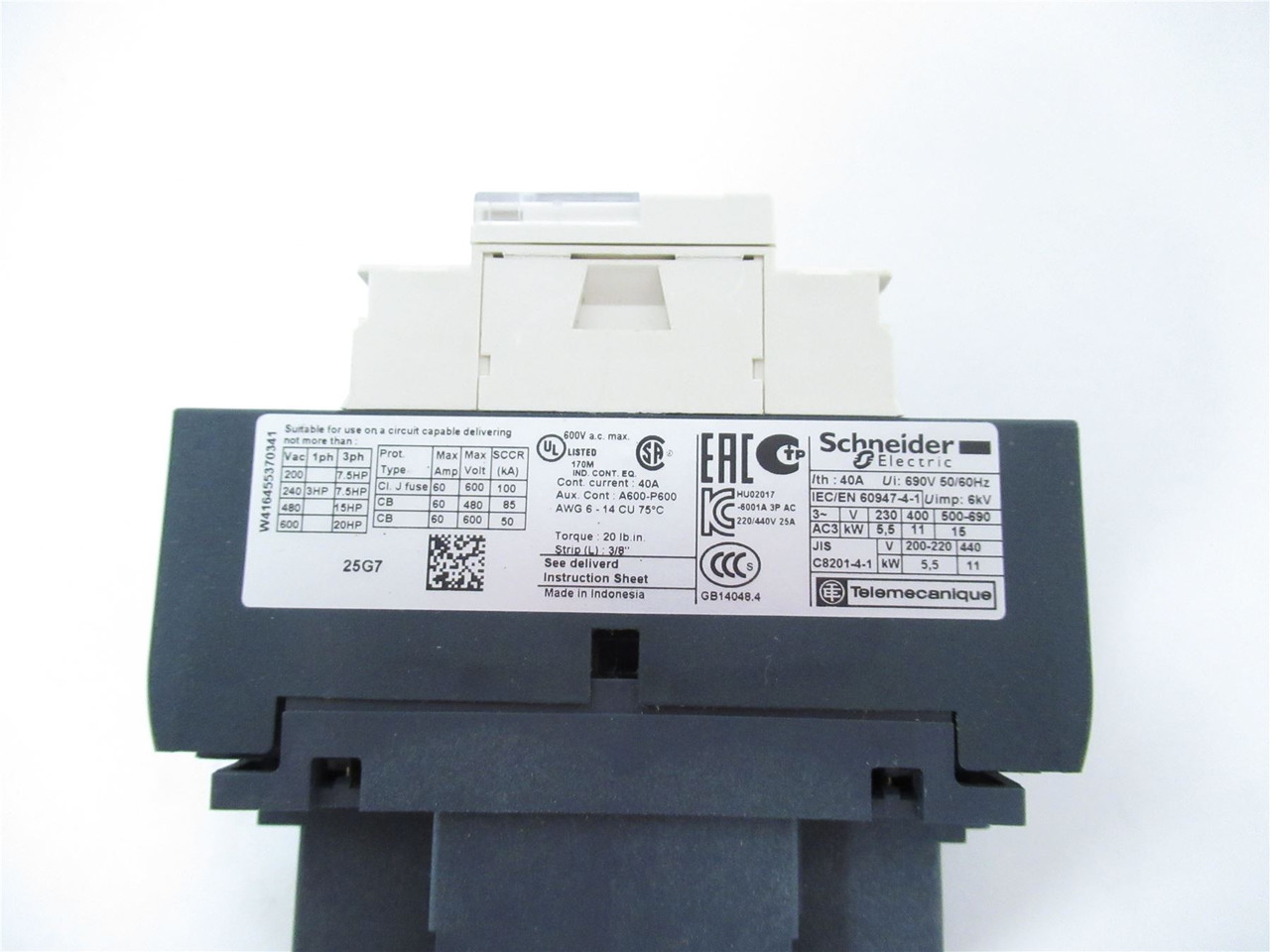 Schneider LC1D25G7; Contactor 25A 3P Coil 120VAC