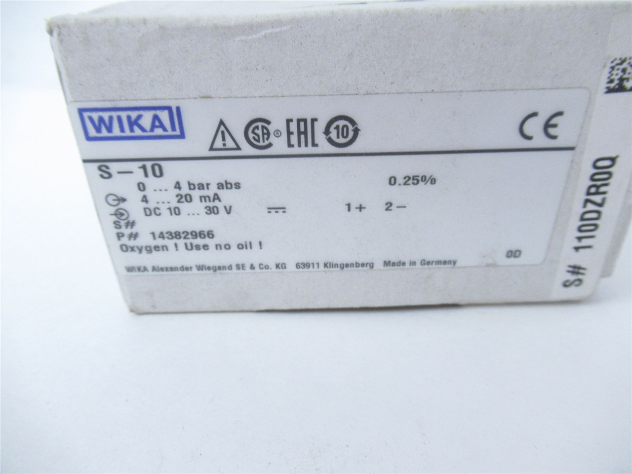 WIKA S-10; Pressure Sensor; 14382966; 0-4 Bar