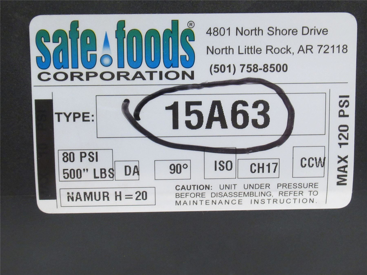 Safe Foods 15A63; Air Actuator; 80PSI; 500LBS; 90Deg