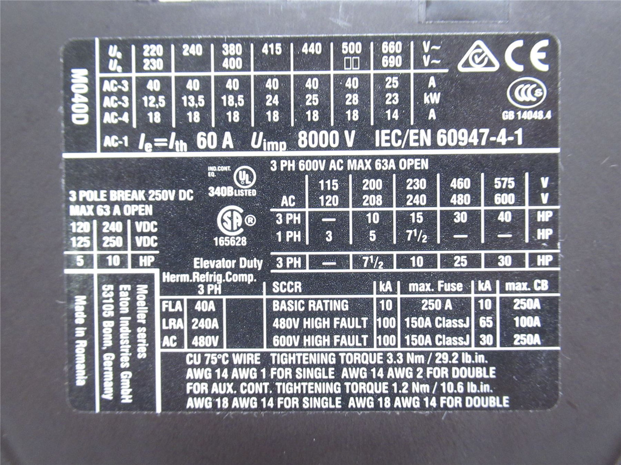 Eaton XTCE040D00WD; Contactor 40A; 3P; 600VAC; Coil: 48-60VDC