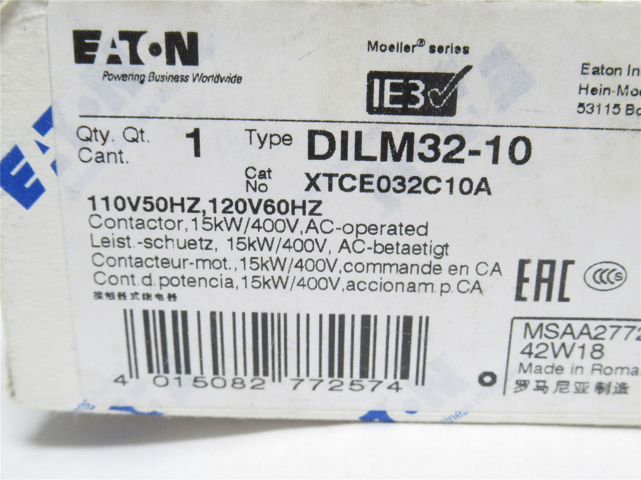 Eaton XTCE032C10A; Contactor; 32A; 3P; 600VAC; Coil: 110/120V