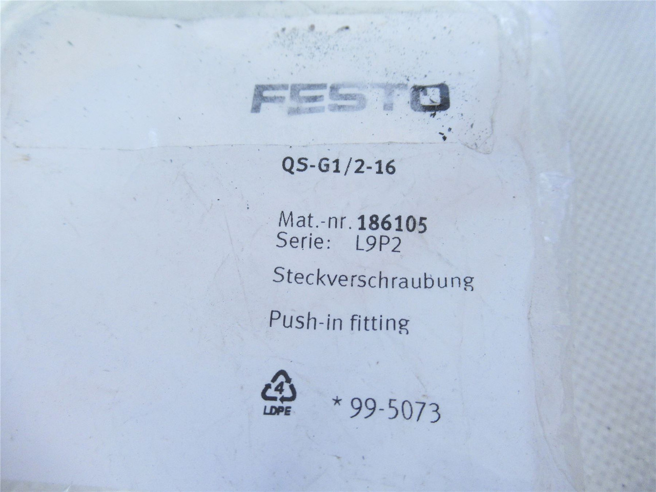 Festo QS-G1/2-16; Fitting Adapter Straight 186105 G1/2 16mm