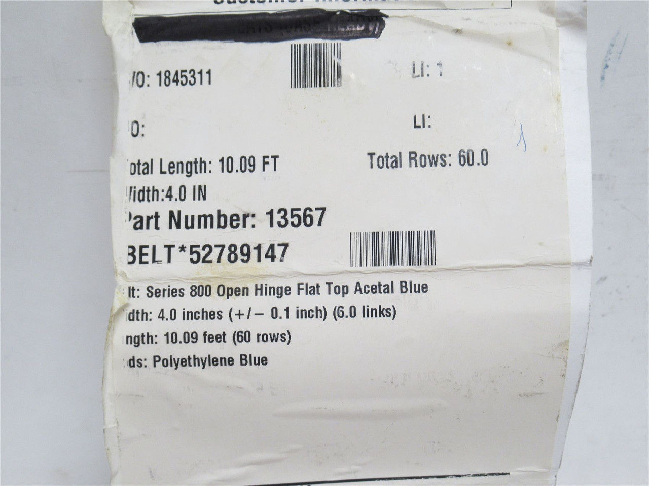 Intralox 1356752789147; Flat Top Conveyor Belt; 4" W x 10' L