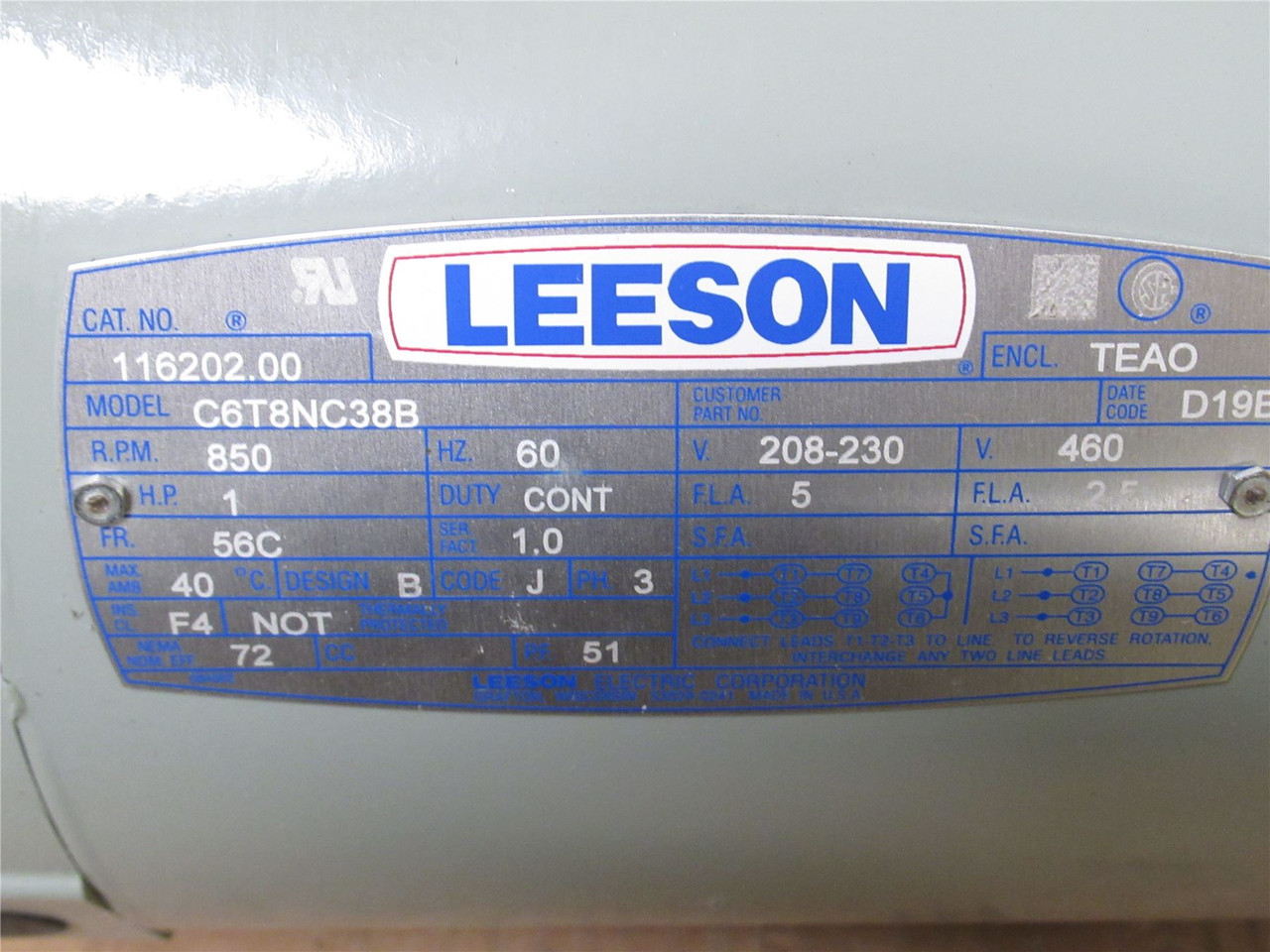 Leeson C6T8NC38B ; Fan Motor 1HP; 208-230/460VAC; 850RPM; 3PH