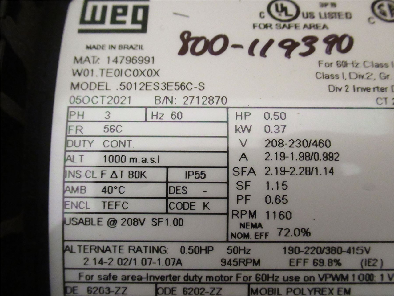 WEG .5012ES3E56C-S; AC Motor 1/2HP; 230/460V; 1160RPM; 3PH