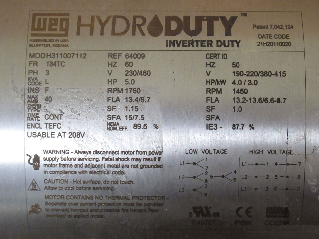 WEG H311007112; AC Motor SS 5HP 230/460VAC 1760RPM; 3PH
