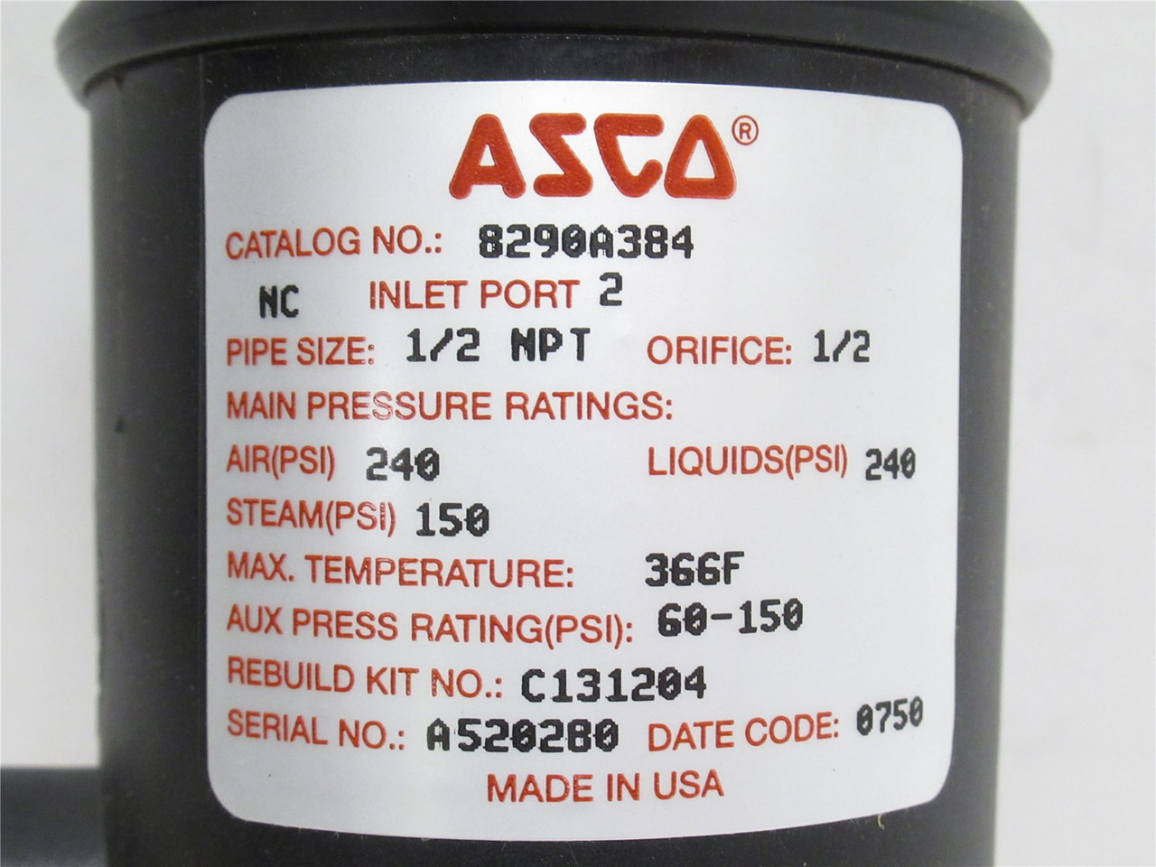 Asco 8290A384; Wye Process Solenoid Valve 1/2NPT; 240PSI