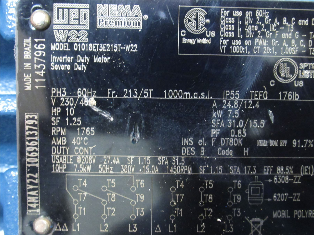 WEG 01018ET3E215T-W22; AC Motor 10HP; 208-230/460; 1765RPM