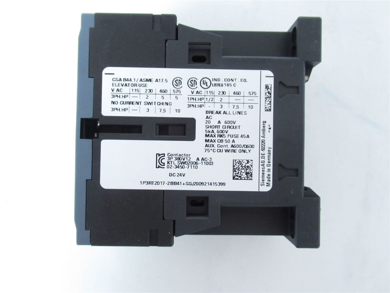 Siemens 3RT2017-2BB41; Contactor 3-Pole16A Coil 24V DC 1 NO