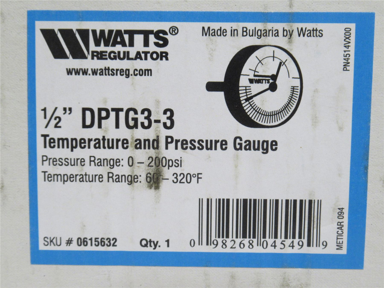 Watts DPTG3-3-200; Temp/Pressure Gauge; 60-320Deg F; 1/2MNPT