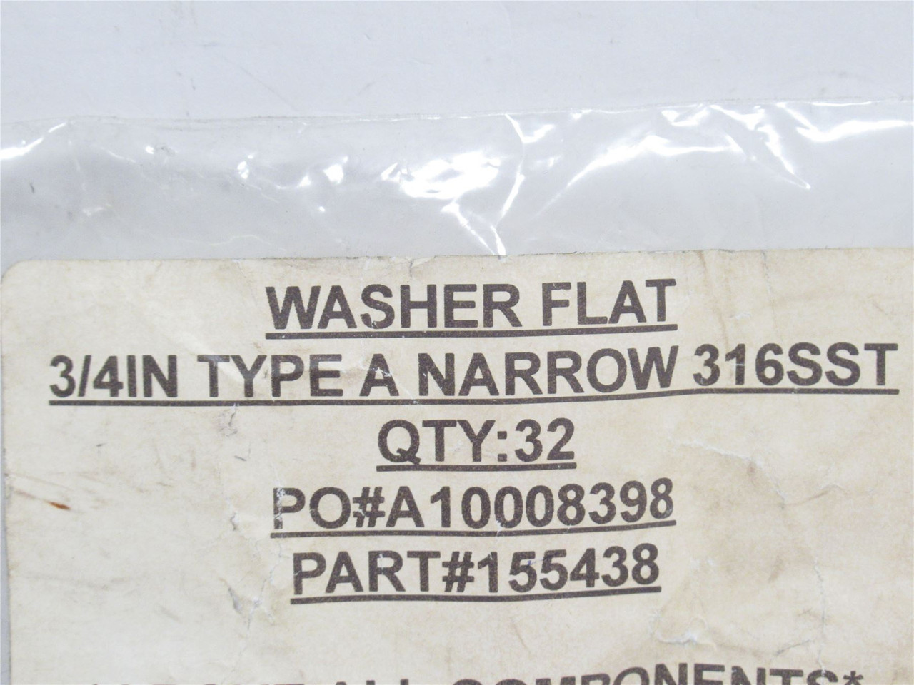 MFG- 155438; Lot-32; Flat Washers; SS-316; Narrow; Size: 3/4"