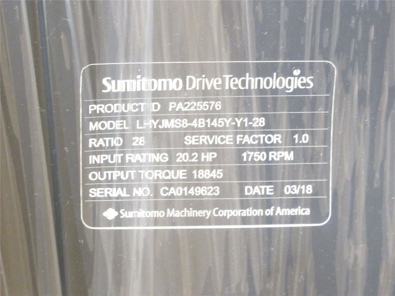 Sumitomo LHYJMS8-4B145Y-Y1-28; Gear Box; PA225576; 28:1 Ratio