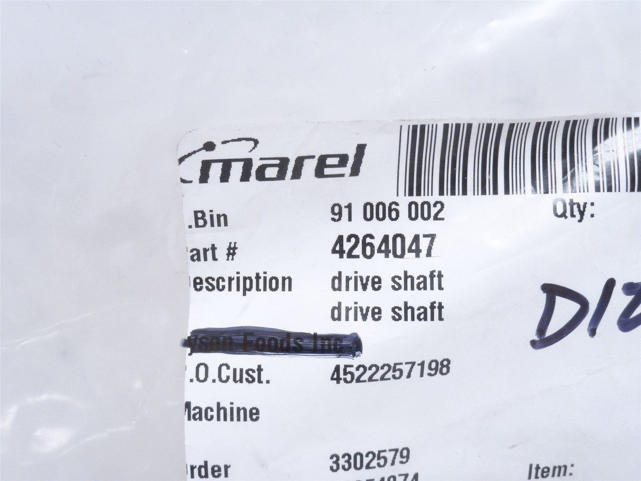 Marel 4264047; Drive Shaft; SS; 15/16"ID; 6-1/8" Long