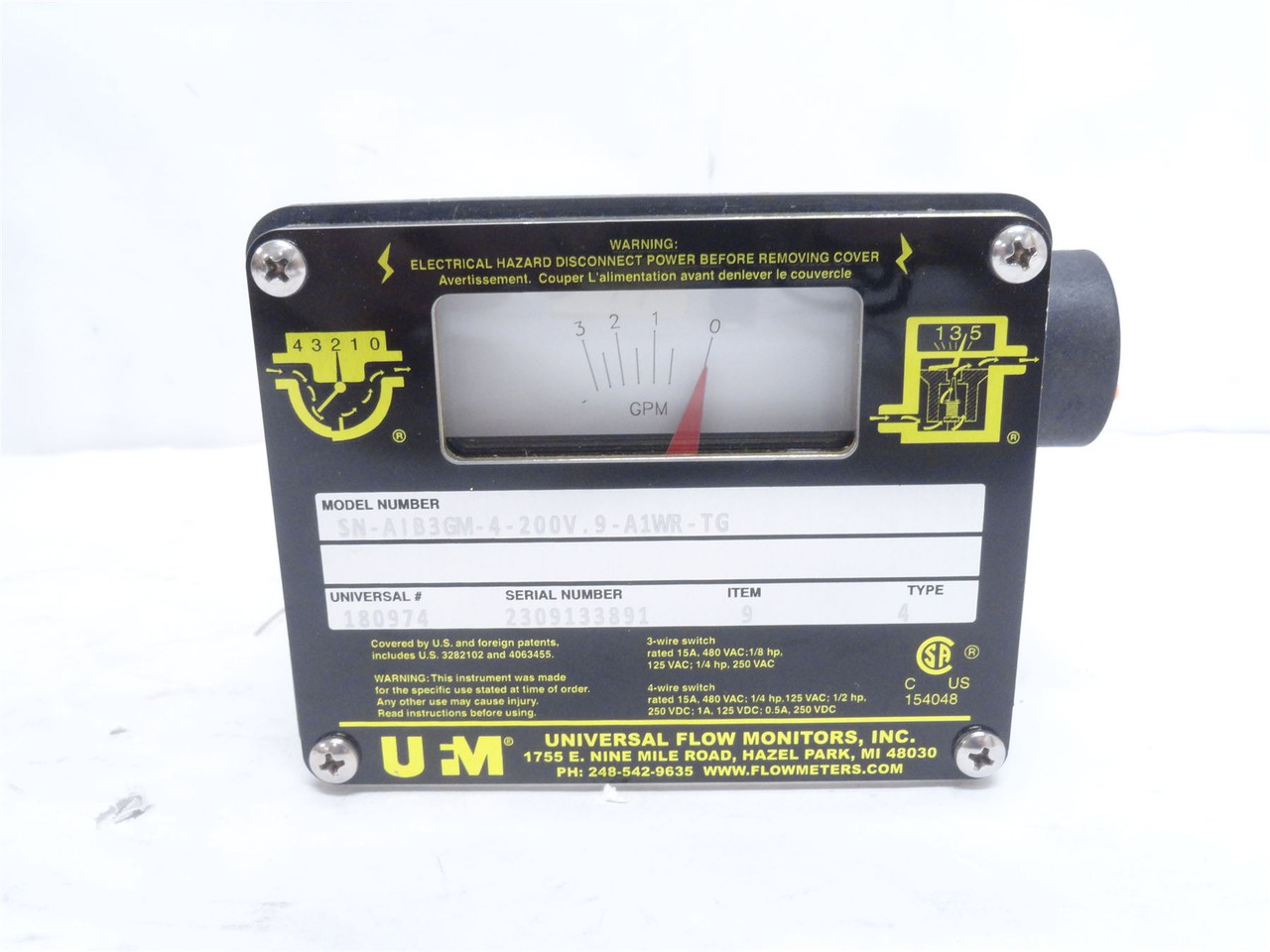 UFM SN-AIB3GM-4-200V.9-A1WR-TG; Flow Monitor; 0-3GPM; 3/8NPT