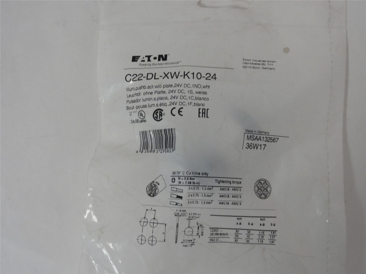 Eaton C22-DL-XW-K10-24; Pushbutton-Illuminated; LED; 22.5 mm