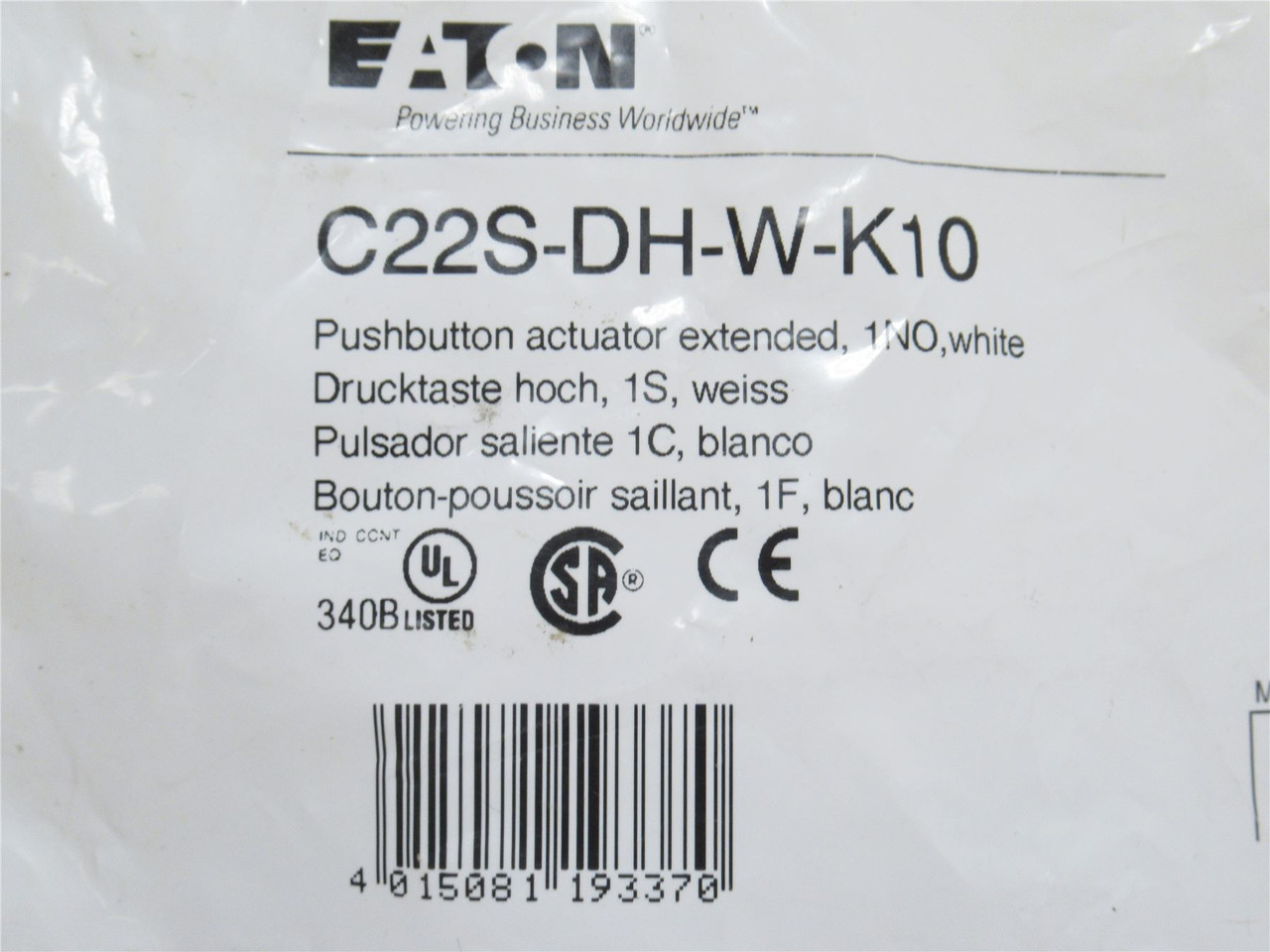 Eaton C22S-DH-W-K10; Non-Illuminated Push-Button; White; 1-NO
