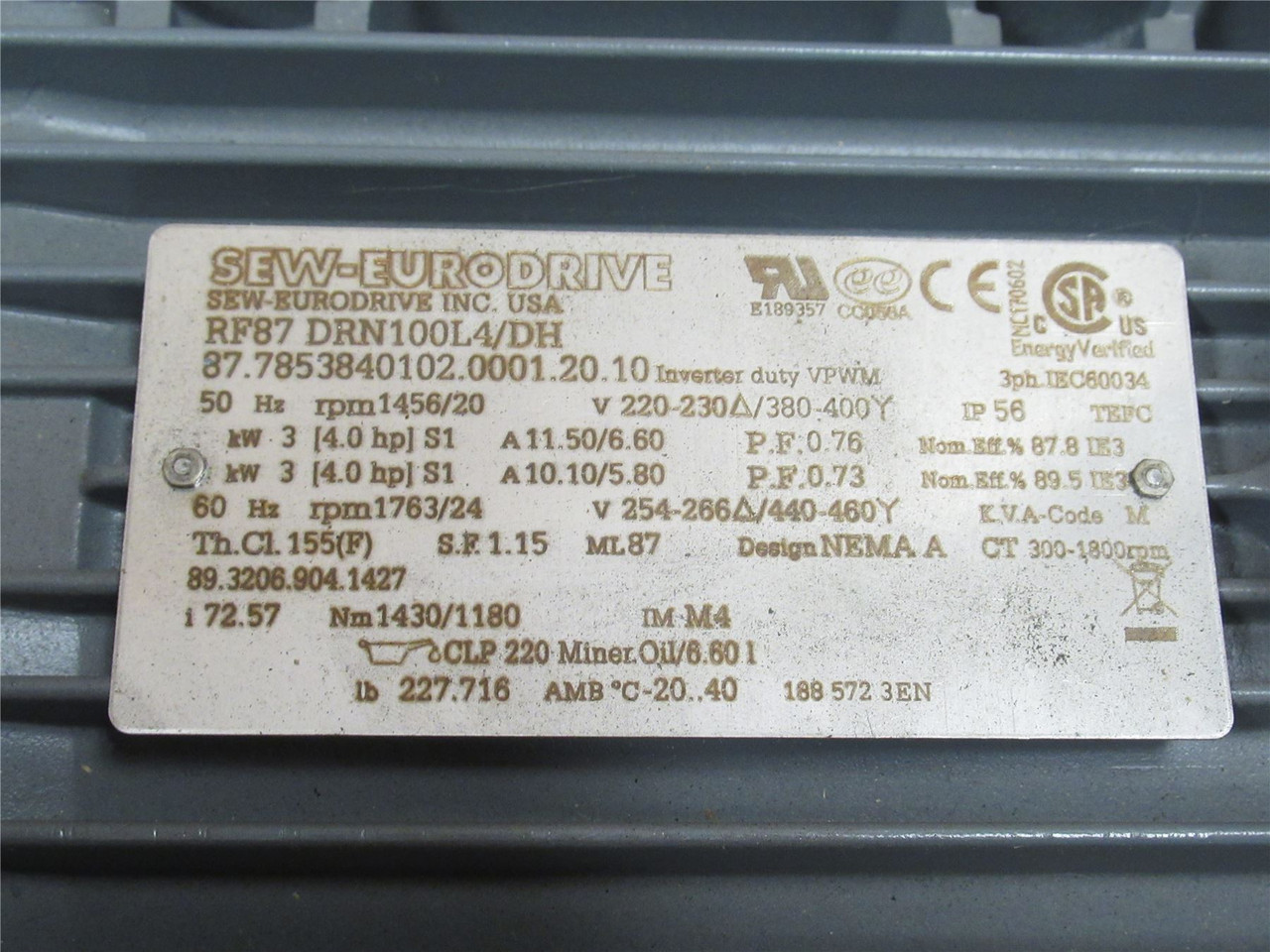 SEW RF87DRN100L4/DH; AC Gearmotor; 73:1 Ratio; 4HP; 380-400V